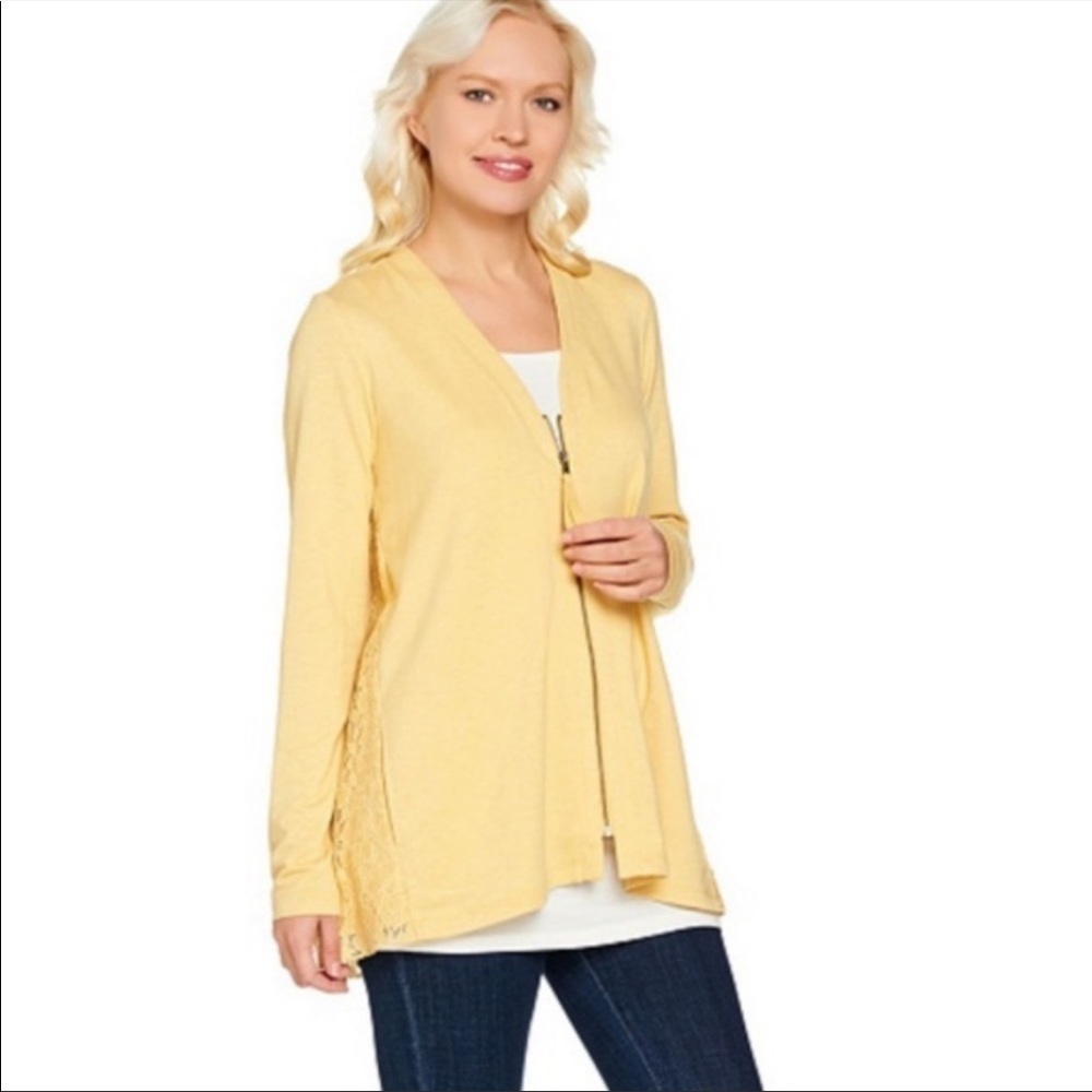 LOGO Lounge by Lori Goldstein Pastel Lace Back Zip Front Cardigan | Yellow